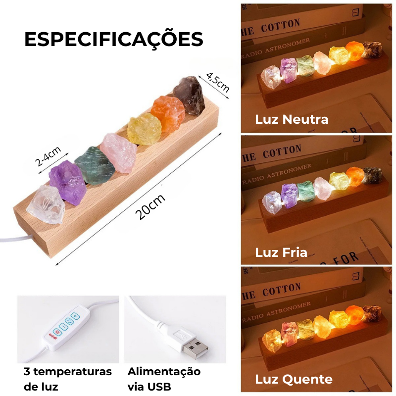 Luminária Luz dos Chakras - Luminária 7 Chakras com Cristais Naturais
