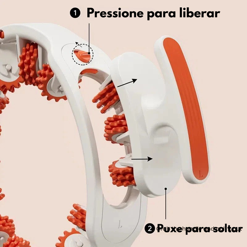 Sistema de liberação do Drena Roller mostrando como pressionar e puxar para soltar os rolos de massagem