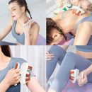 “Drena Roller sendo usado em diferentes áreas do corpo, como pernas, ombros e costas, para drenagem linfática e relaxamento