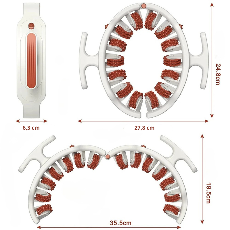Dimensões do Drena Roller – massageador linfático para lipedema com design ergonômico ajustável, ideal para coxas, pernas e abdômen