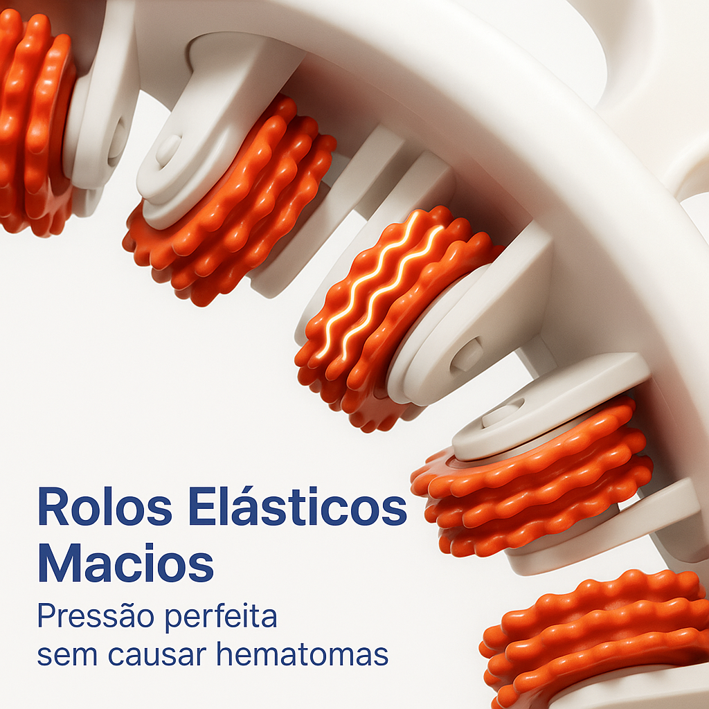Detalhe dos rolos elásticos macios do Drena Roller que proporcionam pressão perfeita sem causar hematomas