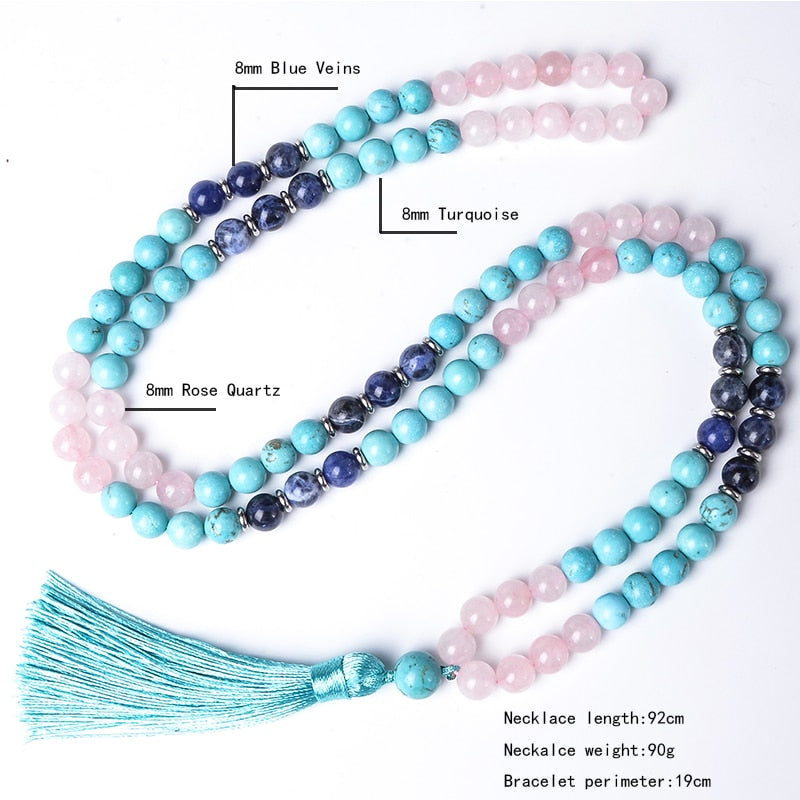 Japamala Ascensão Espiritual - Quartzo Rosa, Sodalita e Turquesa (Pulseira Grátis)