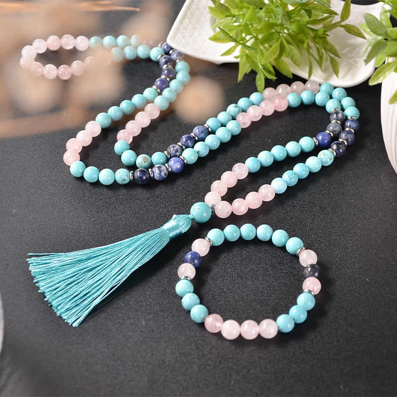 Japamala Ascensão Espiritual - Quartzo Rosa, Sodalita e Turquesa (Pulseira Grátis)