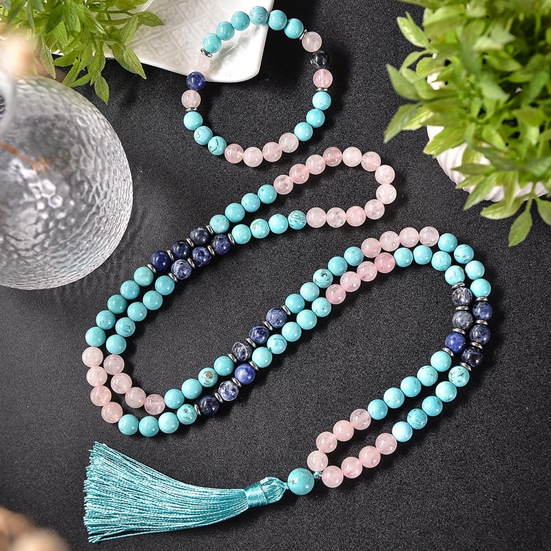 Japamala Ascensão Espiritual - Quartzo Rosa, Sodalita e Turquesa (Pulseira Grátis)