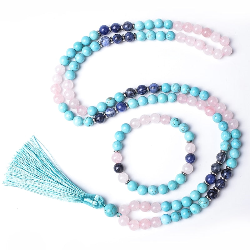 Japamala Ascensão Espiritual - Quartzo Rosa, Sodalita e Turquesa (Pulseira Grátis)