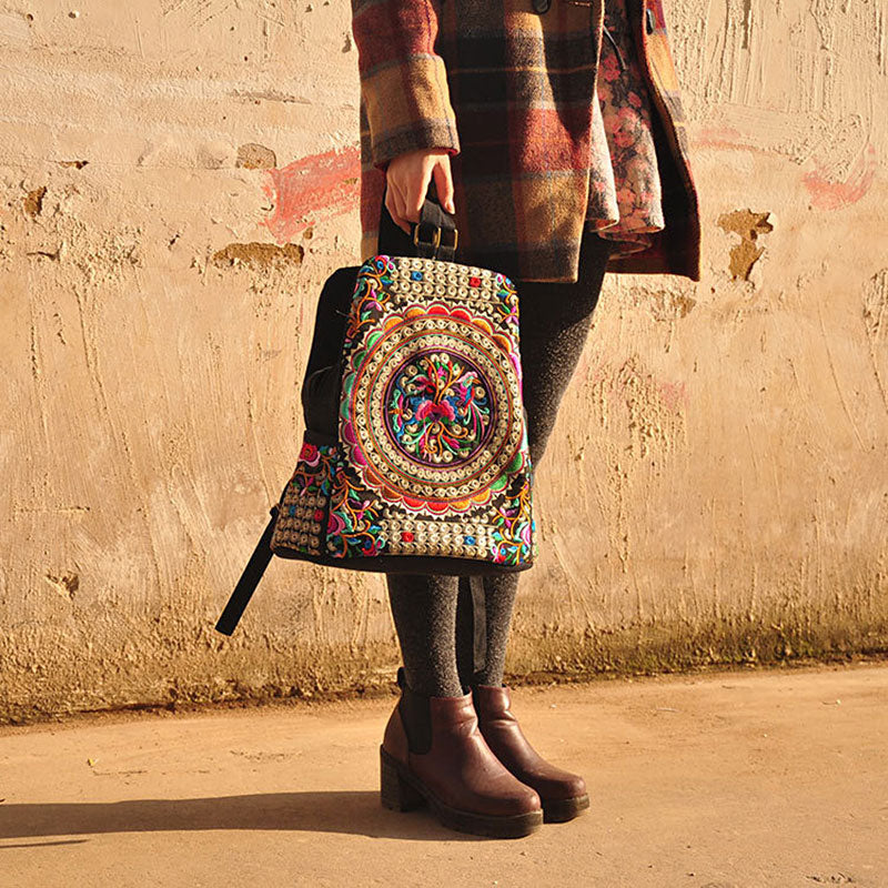 Mochila Mandala Mística - Mochila Feminina Estilo Étnico/Boho Bordada Retrô