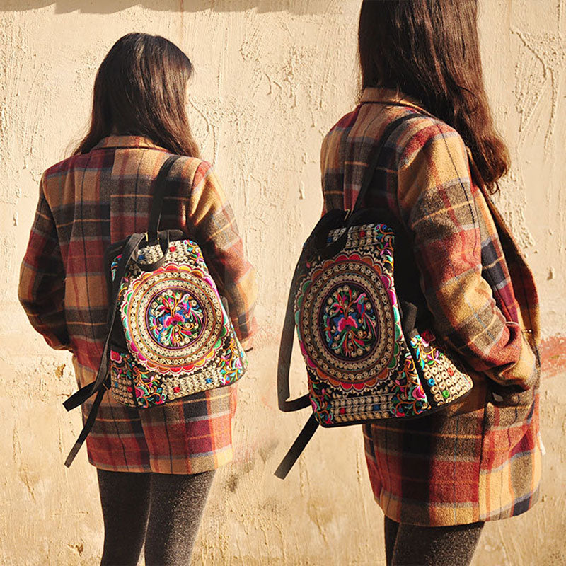 Mochila Mandala Mística - Mochila Feminina Estilo Étnico/Boho Bordada Retrô