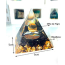 Pirâmide Orgonite da Proteção e Prosperidade - Esfera de Olho de Tigre com Obsidiana Negra
