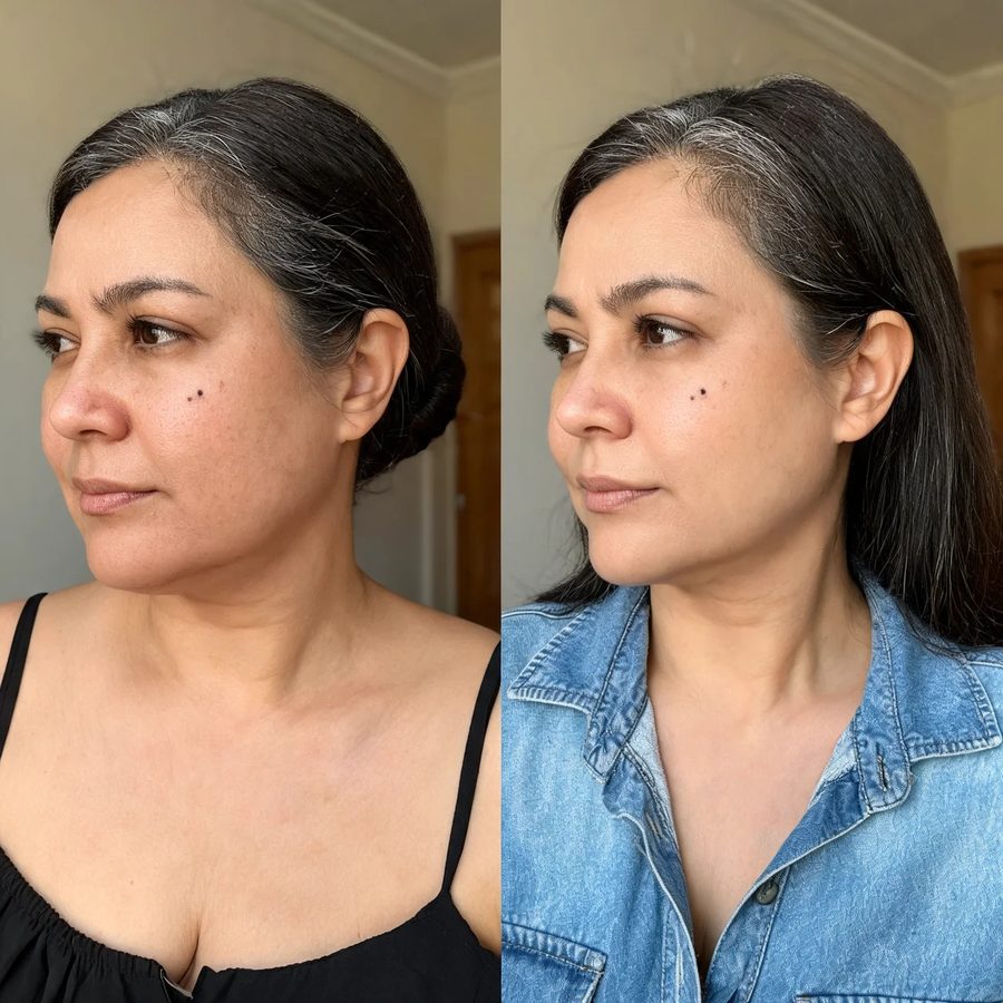 Maçã do rosto e linha do maxilar de três quartos, antes e depois do uso da DrenaFace