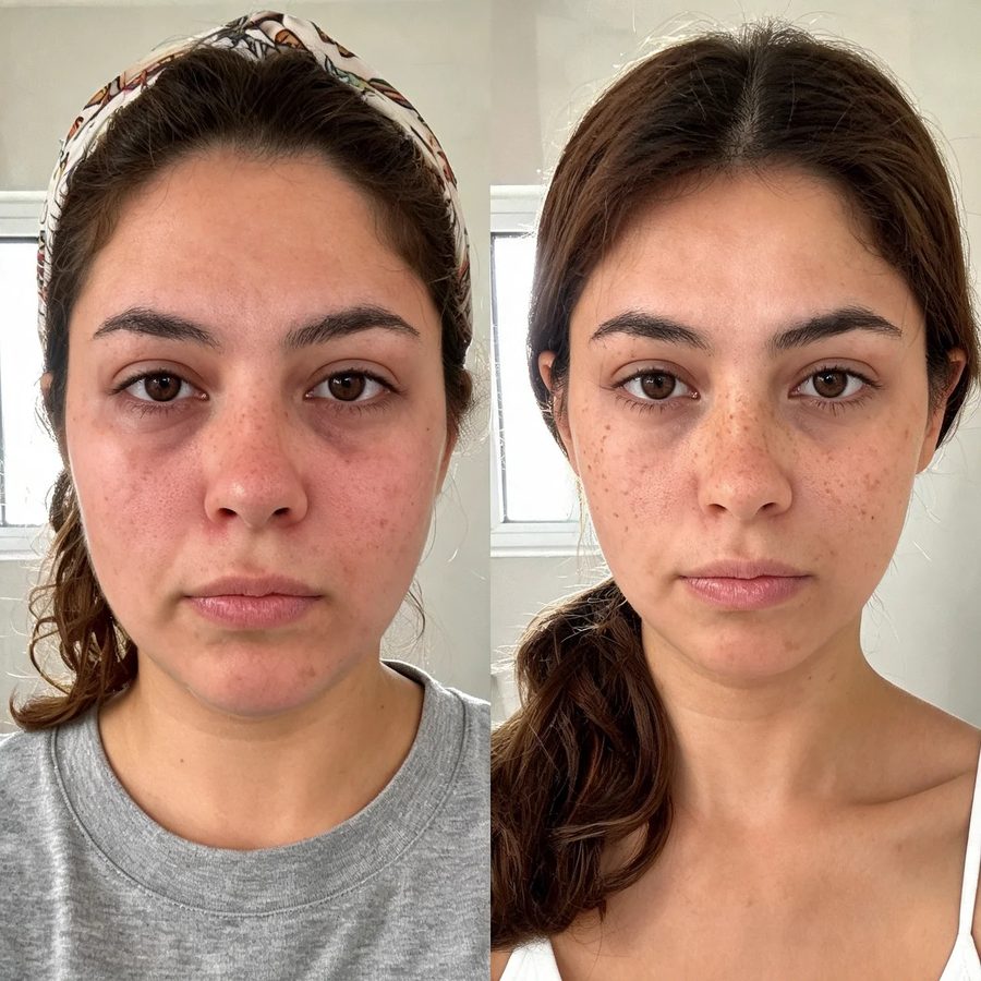 Rosto de frente, antes e depois do uso da DrenaFace