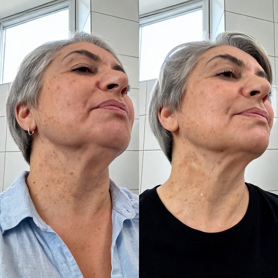 Queixo e pescoço vistos de baixo, antes e depois do uso da DrenaFace