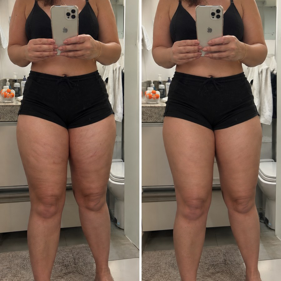 Pernas de frente, antes e depois do uso do DrenaRoller