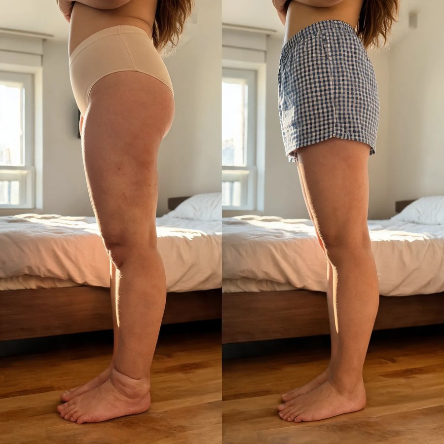 Perna de lado, antes e depois do uso do DrenaRoller