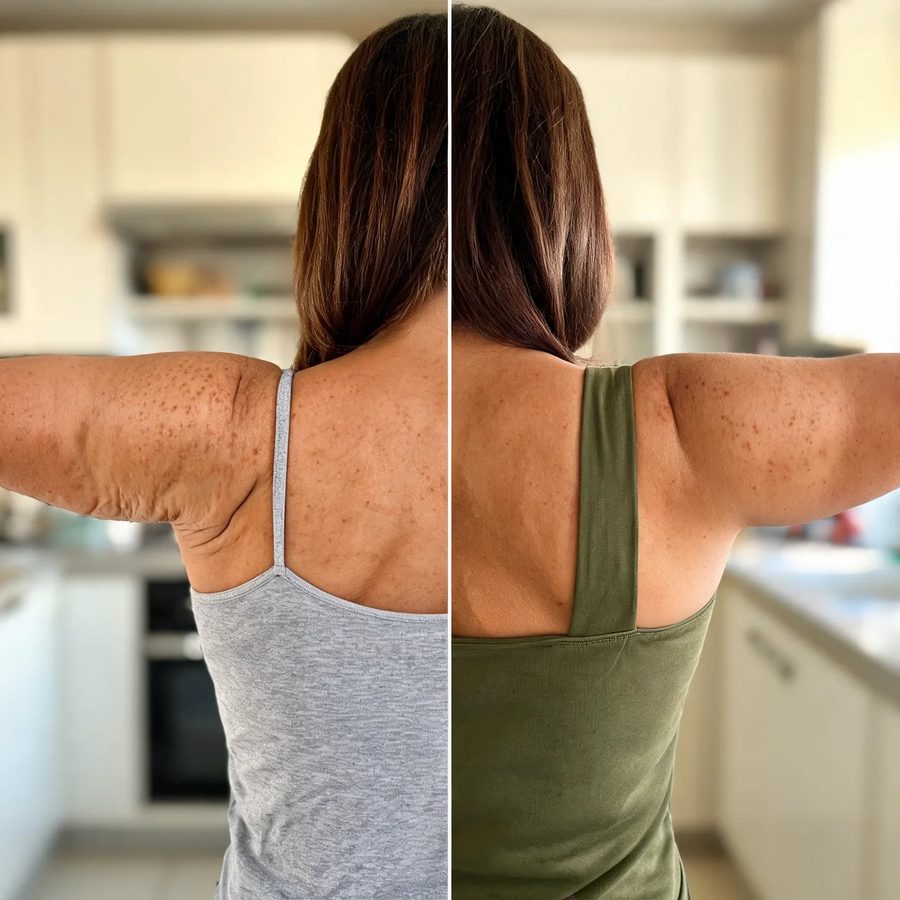 Parte de trás do braço estendido, antes e depois do uso do SculpLift