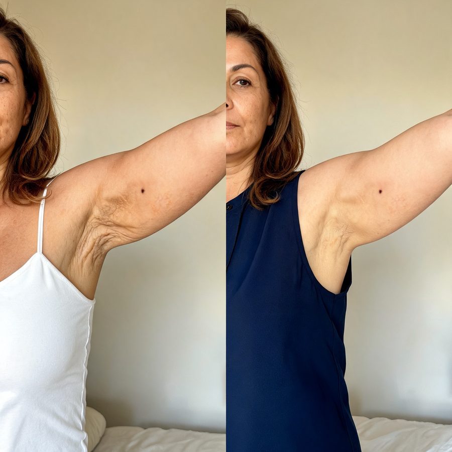 Parte de trás do braço estendido, antes e depois do uso do SculpLift