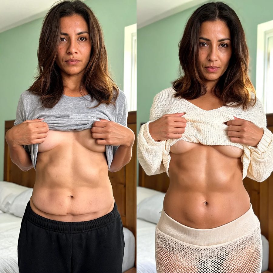 Abdômen de frente com a blusa levantada, antes e depois do uso do SlimShape
