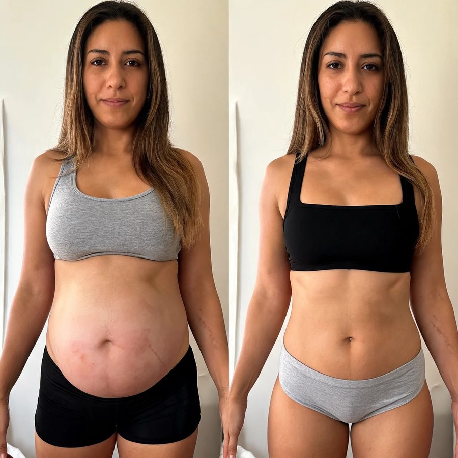Abdômen de frente, antes e depois do uso do SlimShape