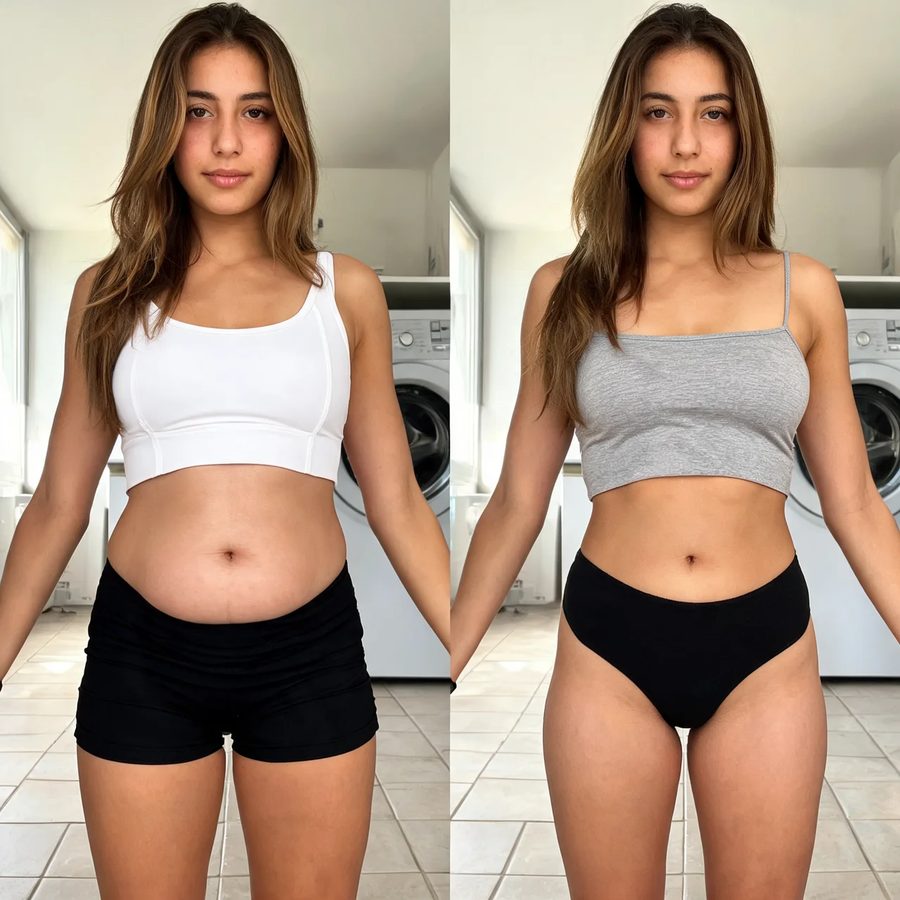 Abdômen de frente, antes e depois do uso do SlimShape
