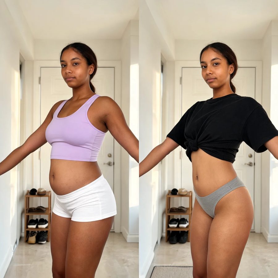 Abdômen e cintura de frente, antes e depois do uso do SlimShape