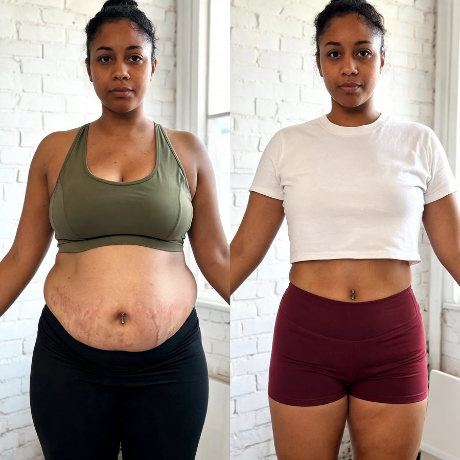 Abdômen de frente, antes e depois do uso do SlimShape