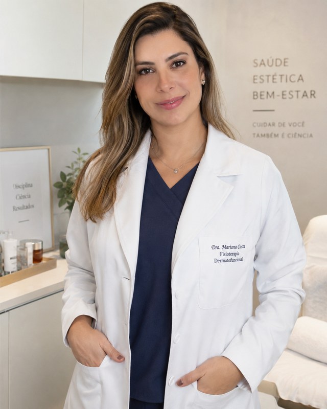 Profissional de jaleco branco em um consultório de estética