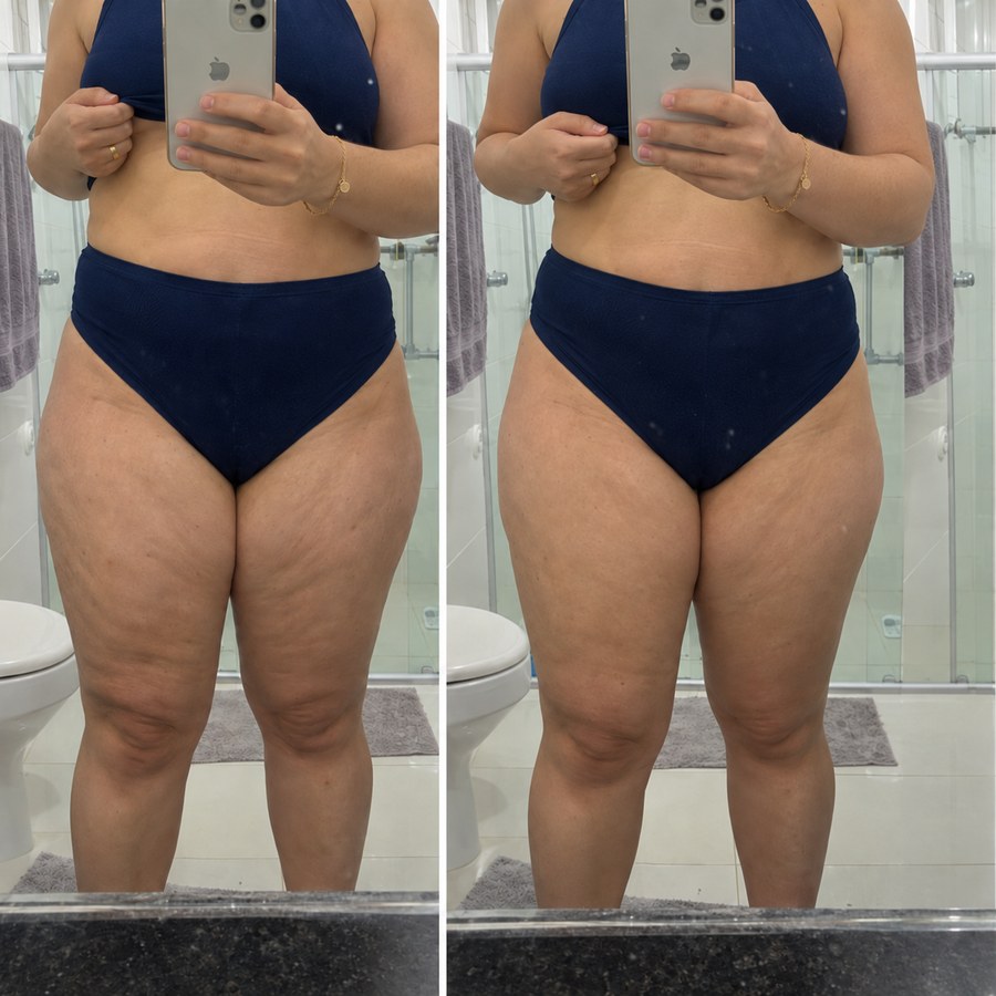 Pernas de frente, antes e depois do uso do DrenaRoller