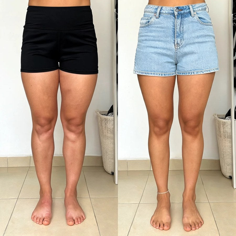 Pernas de frente, antes e depois do uso do DrenaRoller