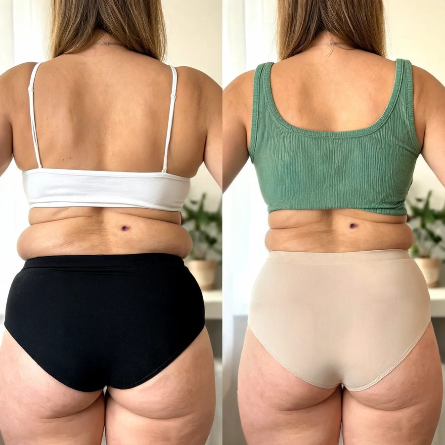 Lombar, glúteo e coxa de costas, antes e depois do uso do SculpLift