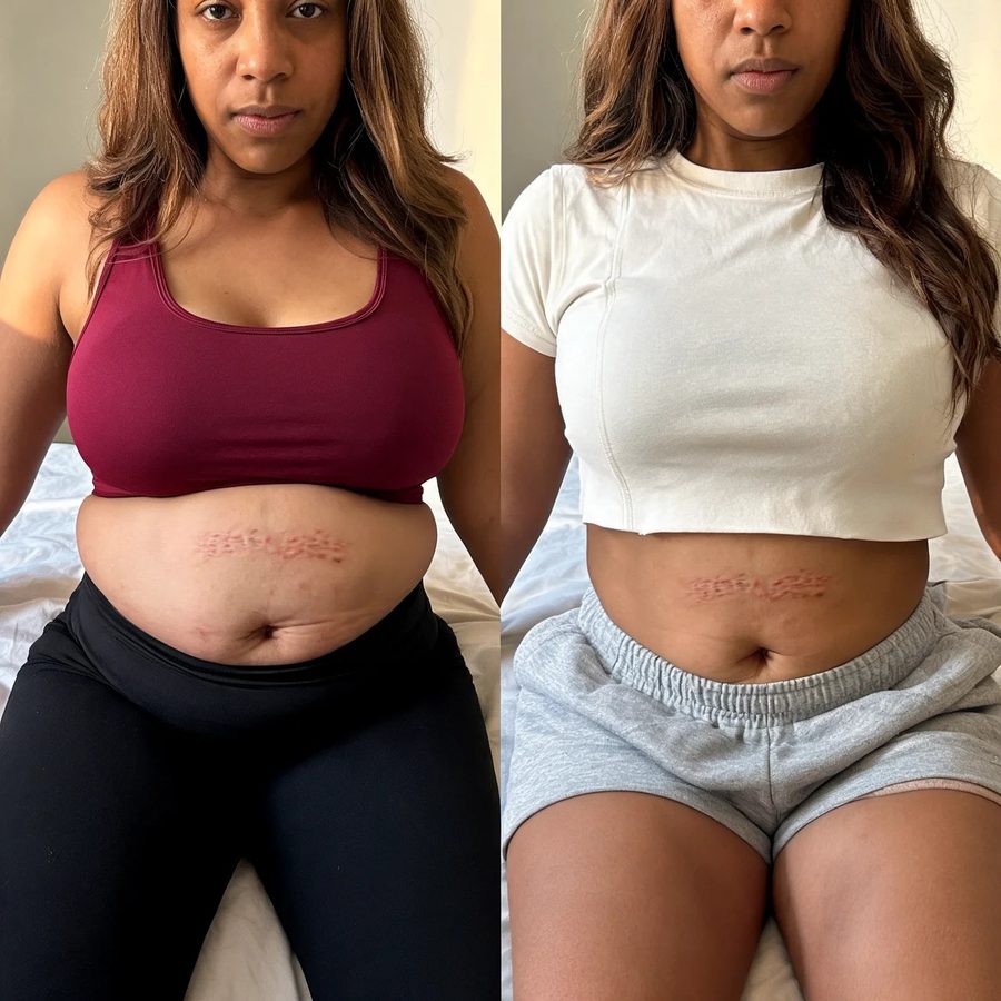 Abdômen de frente, antes e depois do uso do SculpLift