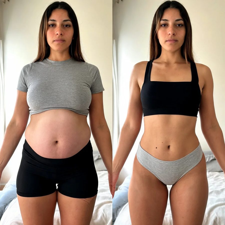 Abdômen e cintura de frente, antes e depois do uso do SlimShape